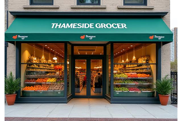 Exterior view of Thameside Grocer, a welcoming local grocery store with fresh produce visible.