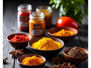 Assortment of vibrant spices and international food products