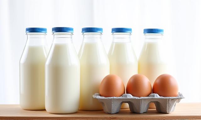 Organic milk bottles and fresh eggs