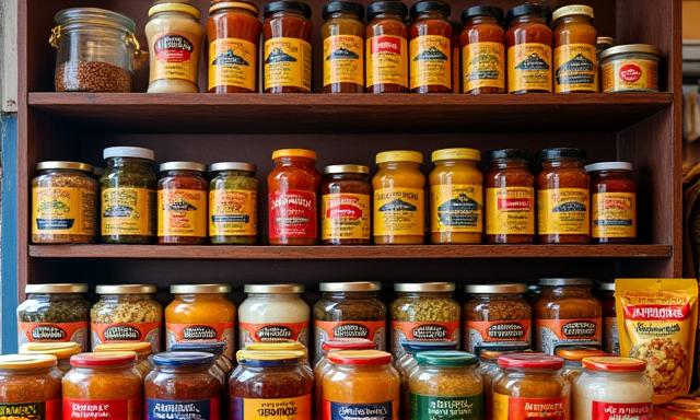 Colorful display of international spices and ingredients