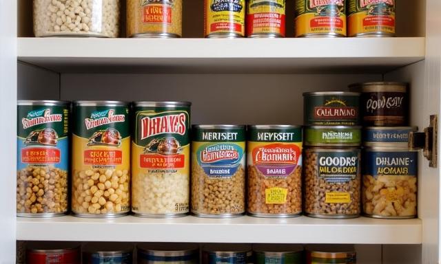 Organized pantry shelf with various canned goods and dry items