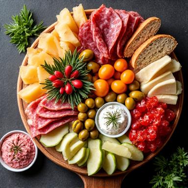 Beautifully arranged deli platter with fresh meats, cheeses, and vegetables.