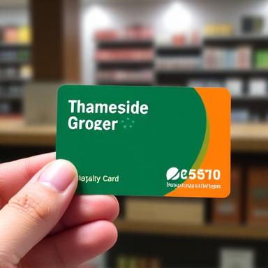 Hand holding a Thameside Grocer loyalty card with points graphic.