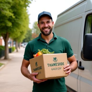 Delivery van with Thameside Grocer logo and fresh produce boxes.
