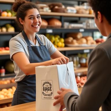 Customer picking up pre-packed groceries from a counter.