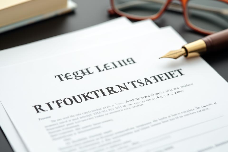 Legal document with a pen and glasses, clean and professional setting