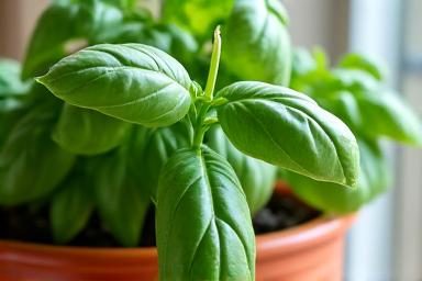 Potted fresh basil plant